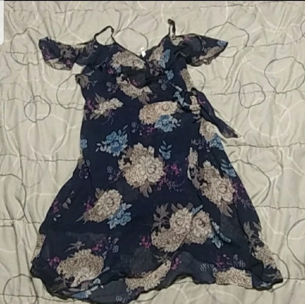 Flowy Faux Wrap Cold Shoulder Dress